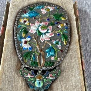 Antique Chinese enamel hand held mirror in original box